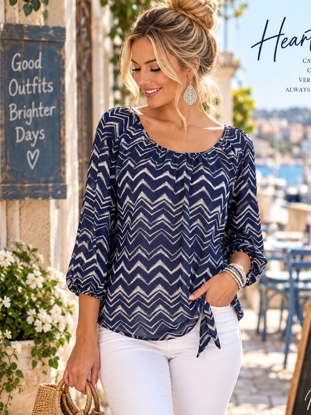HeartSoul Navy White Chevron Tie Hem Blouse 3/4 Sleeve Size M